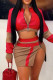 Red Sexy Patchwork Slit Contrast Zipper O Neck Long Sleeve Two Pieces