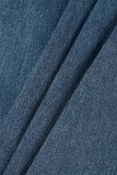 Light Blue Street Solid Hollowed Out Patchwork Pocket Buttons Zipper High Waist Loose Denim Jeans