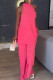 Deep Pink Sweet Solid Patchwork Pocket Slit Zipper O Neck Sleeveless Two Pieces
