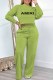 Green Casual Print Letter O Neck Long Sleeve Two Pieces