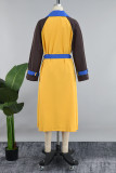 Yellow Casual Color Block Bandage Patchwork Buckle Turndown Collar Outerwear