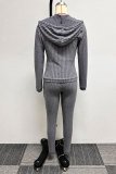 Grey Casual Daily Pants Hooded Collar Long Sleeve Two Pieces