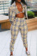 Khaki Casual Plaid Patchwork Cardigan Collar Long Sleeve Three Pieces