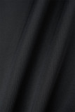 Black Elegant Solid Patchwork Slit Beading One Shoulder Long Sleeve Two Pieces