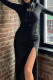 Black Sweet Print Patchwork Draw String High Opening Hooded Collar Long Dress Dresses