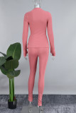Pink Street Solid Patchwork Slit O Neck Long Sleeve Two Pieces