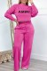 Rose Red Casual Print Letter O Neck Long Sleeve Two Pieces