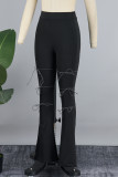Black Casual Solid Bandage Patchwork Pocket Boot Cut High Waist Speaker Patchwork Bottoms
