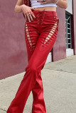 Pink Sexy Solid Hollowed Out Patchwork Cross Straps Regular Mid Waist Conventional Solid Color Bottoms