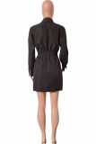 Black Elegant Print Letter Turndown Collar A Line Dresses
