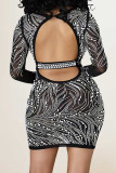 Black Sexy Hot Drilling Patchwork See-through Backless O Neck Wrapped Skirt Dresses