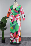 Multicolor Casual Print Frenulum V Neck Long Dress Plus Size Dresses