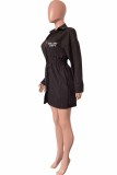 Black Elegant Print Letter Turndown Collar A Line Dresses