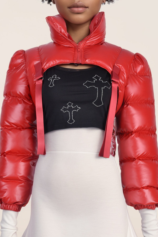 Red Street Solid Patchwork Zipper Mandarin Collar Outerwear
