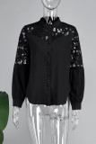 Black Casual Solid Patchwork Buttons See-through Tops