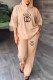 Khaki Casual Print Letter Hooded Collar Three Quarter Two Pieces