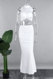 White Casual Solid Patchwork Half A Turtleneck Sleeveless Two Pieces