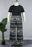 Black Casual Print Basic O Neck Plus Size Two Pieces
