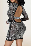 Black Sexy Hot Drilling Patchwork See-through Backless O Neck Wrapped Skirt Dresses