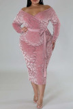 Pink Casual Solid Frenulum V Neck Long Sleeve Plus Size Dresses