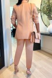 Apricot Work Elegant Print Letter Turn-back Collar Long Sleeve Two Pieces