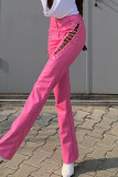 Pink Sexy Solid Hollowed Out Patchwork Cross Straps Regular Mid Waist Conventional Solid Color Bottoms