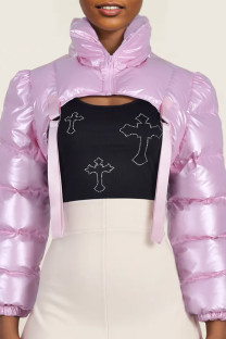 Pink Street Solid Patchwork Zipper Mandarin Collar Outerwear