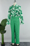 Green Casual Print Bandage With Belt Long Sleeve Two Pieces