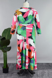 Multicolor Casual Print Frenulum V Neck Long Dress Plus Size Dresses
