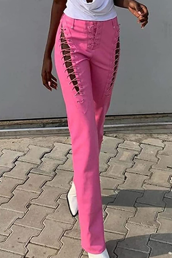Pink Sexy Solid Hollowed Out Patchwork Cross Straps Regular Mid Waist Conventional Solid Color Bottoms