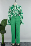 Green Casual Print Bandage With Belt Long Sleeve Two Pieces