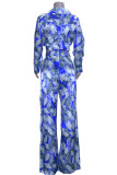 Blue Elegant Print Bandage Patchwork Pocket Buckle Turndown Collar Long Sleeve Two Pieces