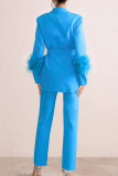 Pink Elegant Solid Bandage Patchwork Buckle Feathers Turn-back Collar Long Sleeve Two Pieces