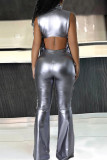 Silver Gray Street Solid Bandage Patchwork Zipper Turndown Collar Sleeveless Two Pieces