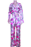Blue Elegant Print Bandage Patchwork Pocket Buckle Turndown Collar Long Sleeve Two Pieces