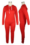Red Sexy Solid Patchwork Draw String Pocket Zipper Hooded Collar Long Sleeve Two Pieces