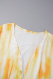 Yellow Elegant Print Patchwork Cardigan Collar Plus Size Two Pieces