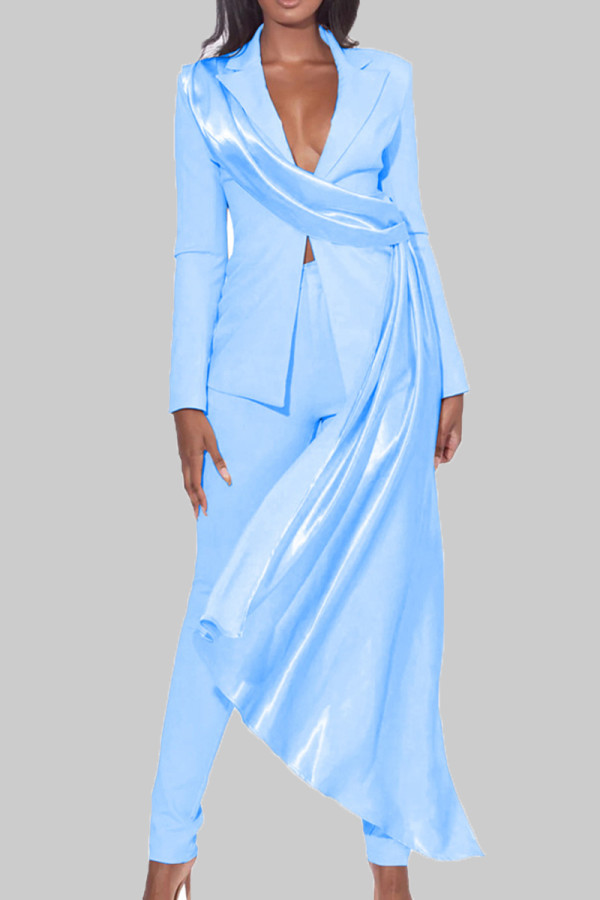 Sky Blue Elegant Solid Patchwork Buttons Turn-back Collar Long Sleeve Two Pieces