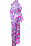 Blue Elegant Print Bandage Patchwork Pocket Buckle Turndown Collar Long Sleeve Two Pieces