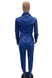 Royal Blue Casual Solid Patchwork Pocket Buckle Turndown Collar Long Sleeve Two Pieces