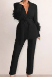 Pink Elegant Solid Bandage Patchwork Buckle Feathers Turn-back Collar Long Sleeve Two Pieces
