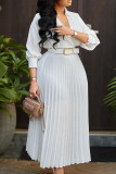 White Elegant Solid Patchwork Buttons With Belt Pleated V Neck Long Dress Dresses