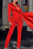 Red Elegant Solid Patchwork Buttons Turn-back Collar Long Sleeve Two Pieces