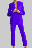 Pink Elegant Solid Bandage Patchwork Buckle Feathers Turn-back Collar Long Sleeve Two Pieces
