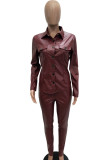 Pink Casual Solid Patchwork Pocket Buckle Turndown Collar Long Sleeve Two Pieces