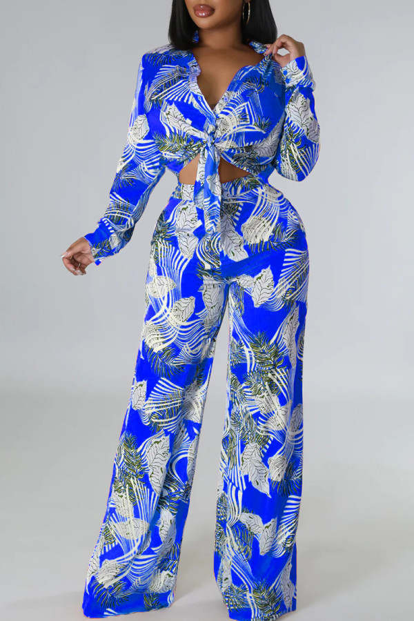 Blue Elegant Print Bandage Patchwork Pocket Buckle Turndown Collar Long Sleeve Two Pieces