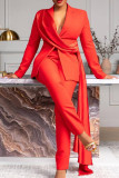 Red Elegant Solid Patchwork Buttons Turn-back Collar Long Sleeve Two Pieces