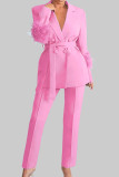 Pink Elegant Solid Bandage Patchwork Buckle Feathers Turn-back Collar Long Sleeve Two Pieces