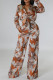 Coffee Elegant Print Bandage Patchwork Pocket Buckle Turndown Collar Long Sleeve Two Pieces