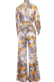 Blue Elegant Print Bandage Patchwork Pocket Buckle Turndown Collar Long Sleeve Two Pieces